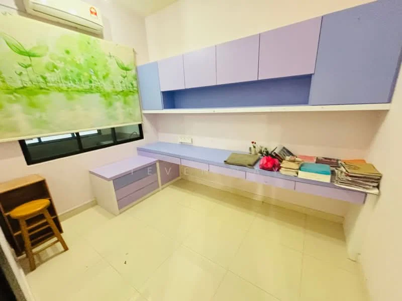 Study features: built-in desk with drawers, purple cabinetry, white walls, tile flooring, window with blinds, wooden stool, shelves above desk, decorative wall art with green design; style: modern.