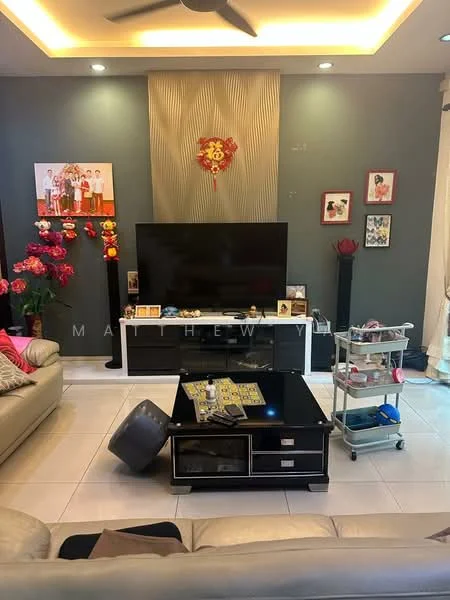 Living features: 3-seater leather sofa in cream, 2-seater leather sofa in grey, black coffee table with glass top, TV console with storage, wall-mounted flat-screen TV, decorative wall art, framed photographs, ceiling fan with light, recessed lighting, white tiled flooring, decorative plants, cart with wheels for storage; style: contemporary.