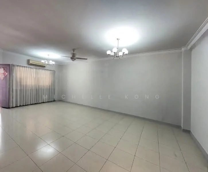 Living features: white painted walls, tile flooring, ceiling fan, 3-blade ceiling fan, recessed downlights, chandelier, curtains, air conditioning unit.