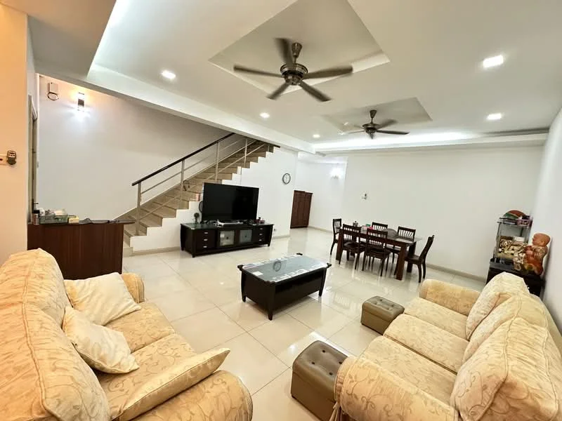 Living features: cream patterned upholstery on sofas, 3-seater fabric sofa, 2-seater fabric sofa, coffee table with glass top, TV console, wall-mounted TV, ceiling fan with light, recessed downlights, white painted walls, tile flooring, decorative wall clock, staircase leading to upper floor; style: modern. Dining features: 6-seater wooden dining table, wooden dining chairs, sideboard cabinet, decorative items on display, white painted walls, tile flooring; style: modern.