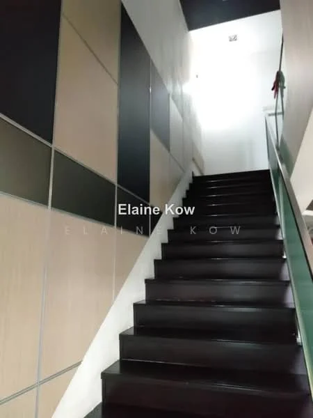 Room features: wooden staircase, dark wood treads, light wood paneling on walls, glass railing, recessed ceiling lights, neutral wall colors, modern design; style: modern.