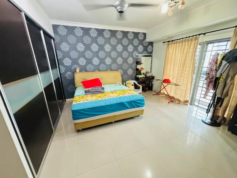 Bedroom features: king-size bed with beige headboard, bedding in yellow and blue, floor-to-ceiling sliding wardrobe with mirrored doors, grey accent wall with floral pattern, cream tiled flooring, ceiling fan with light, window with sheer curtains, dressing table with mirror, small side table, clothes rack, decorative items on the dresser; style: modern.