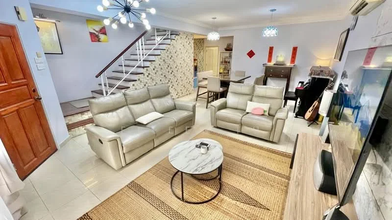 Living features: 3-seater leather sofa in light grey, 2-seater leather sofa in light grey, round coffee table with marble top, area rug with geometric pattern, wall-mounted TV, TV console, decorative wall art, ceiling light fixture with multiple bulbs, wall-mounted guitar, open staircase with wooden railing, tile flooring, neutral painted walls; style: modern.