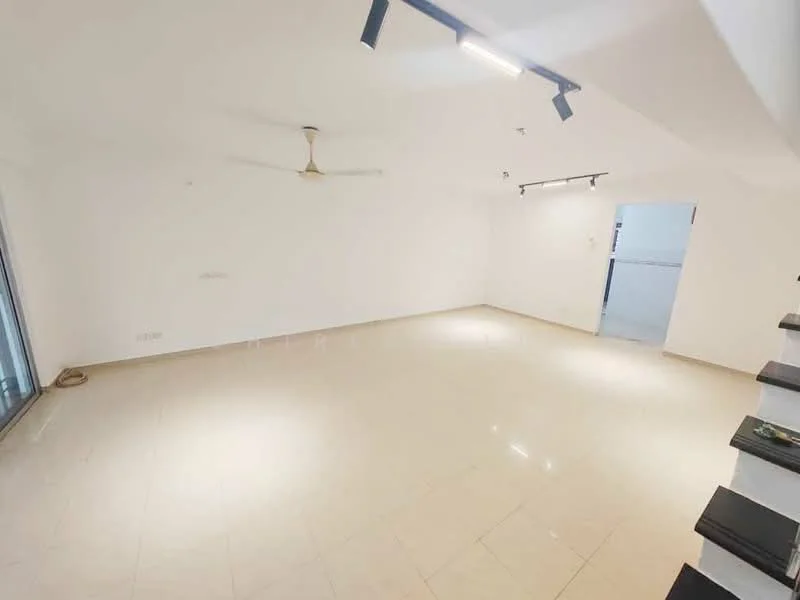 Living features: white painted walls, polished ceramic tile flooring, 5-blade ceiling fan, recessed LED downlights, sliding glass door, floor-to-ceiling windows, open layout, neutral color scheme; style: modern.