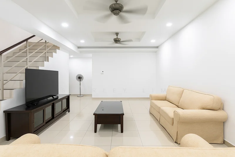 Living features: cream fabric sofa, 2-seater sofa, 3-seater sofa, wood coffee table, TV console, wall-mounted TV, ceiling fan with light, recessed ceiling with tray design, glossy tile flooring, white painted walls, floor-to-ceiling windows, standing fan; style: modern.
