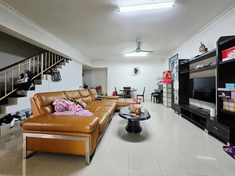 Living features: L-shape sectional sofa in brown leather, coffee table, wall-mounted TV, TV console, ceiling fan, recessed lighting, cream painted walls, glossy tile flooring, decorative wall art, open staircase, dining table in background; style: modern.