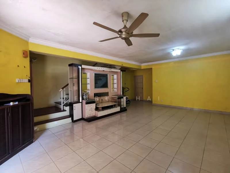 Living features: yellow painted walls, ceramic tile flooring, 5-blade ceiling fan, recessed lighting, built-in entertainment unit, staircase leading to upper floor, doorway leading to hallway, large open space.
