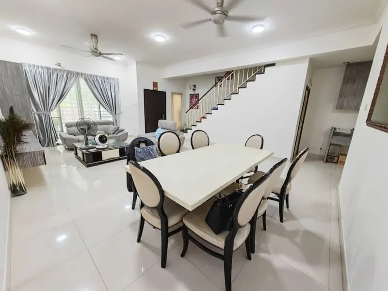 Dining features: white dining table, 6 upholstered dining chairs, ceramic tile flooring, recessed downlights, wall-mounted mirror, open space layout, air conditioning unit, decorative wall art; style: modern. Living features: 3-seater fabric sofa in grey, coffee table, floor-to-ceiling windows with sheer curtains, ceiling fan, decorative plants, TV console, area rug, staircase leading to upper floor; style: modern.
