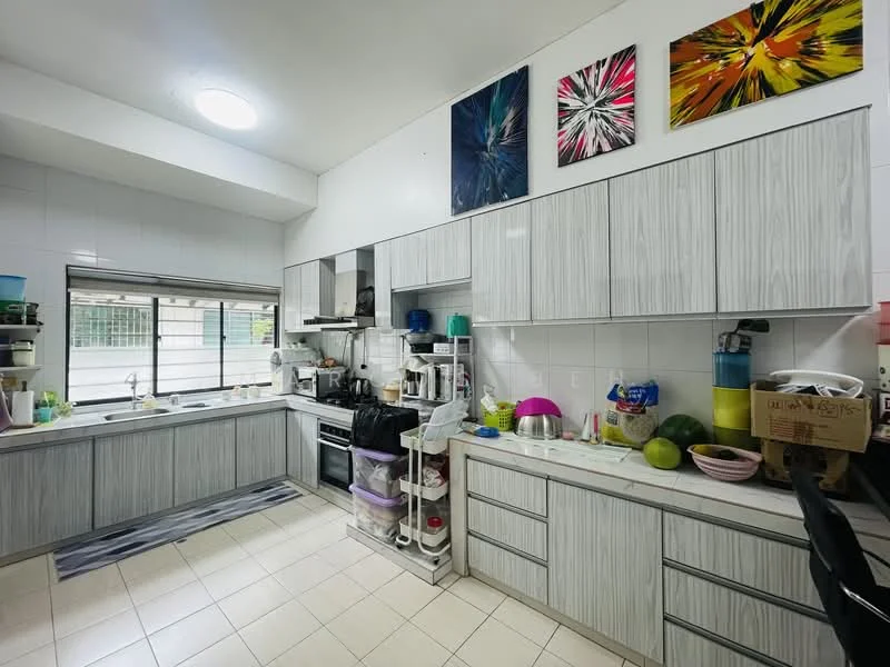 Kitchen features: light grey laminate cabinetry, white tiled walls, white tiled flooring, stainless-steel built-in oven, 4-burner gas hob, stainless-steel range hood, single-bowl stainless-steel sink, chrome pull-down faucet, window with grid pattern, refrigerator, microwave, kitchen island with storage, decorative wall art, countertop with various kitchen appliances; style: modern.