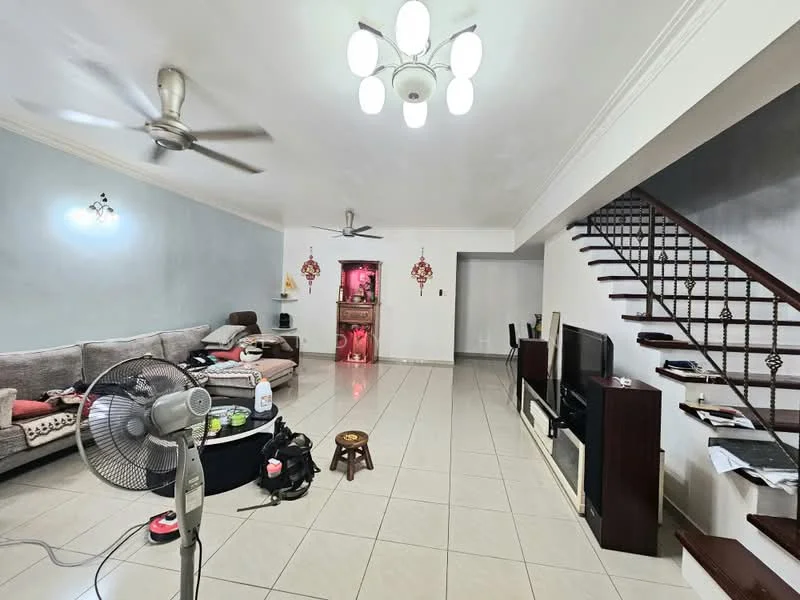 Living features: grey fabric sectional sofa, cream wall paint, white ceiling with recessed lights, 5-blade ceiling fan, large floor tiles, wooden staircase, TV console, wall-mounted TV, decorative wall unit, coffee table, decorative items on shelves, standing fan; style: modern.