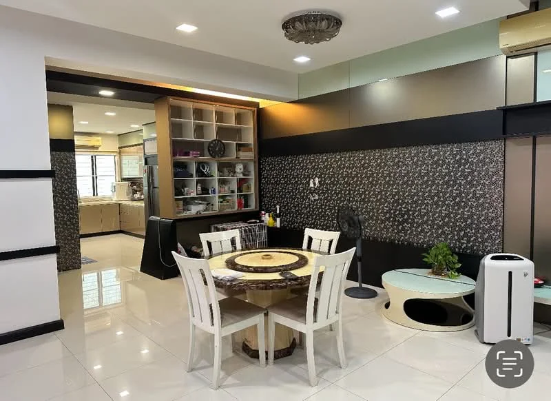 Dining features: round dining table with wood top, 4 white dining chairs, decorative ceiling light, white tiled flooring, black accent wall with floral pattern, open shelving unit, air conditioning unit, fan, decorative plant, side table; style: modern. Kitchen features: kitchen cabinetry, countertop, stainless-steel appliances, sink, oven, microwave, open layout to dining area; style: modern.