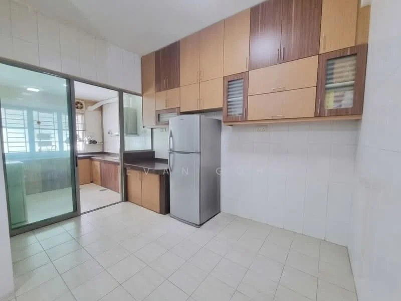 Kitchen features: brown wooden cabinetry, white tiled walls, light-colored tiled flooring, stainless-steel fridge, black countertop, double-bowl stainless-steel sink, chrome pull-down faucet, built-in oven, window with sliding glass door, kitchen island, open layout to adjacent room; style: modern.