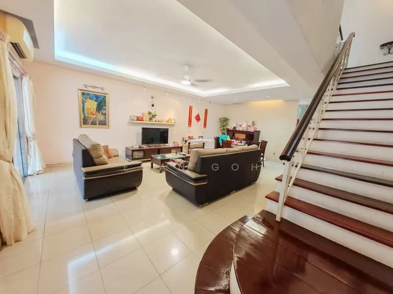 Living features: cream painted walls, white ceiling with recessed lighting, 5-blade ceiling fan with light, large floor-to-ceiling windows with sheer curtains, light-colored tiled flooring, 2-seater fabric sofa in grey, 3-seater fabric sofa in beige, wood coffee table, TV console with wall-mounted TV, decorative wall art, area rug with geometric pattern; style: modern. Room features: wooden staircase with white railing.