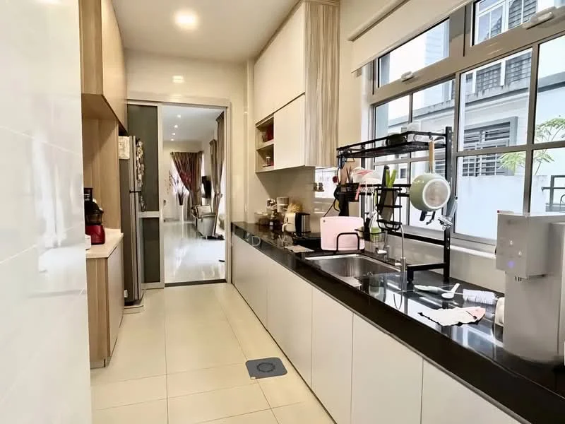 Kitchen features: black granite countertop, white cabinetry with flat-panel design, stainless-steel single-bowl sink, chrome pull-down faucet, built-in oven, freestanding coffee machine, microwave, kettle, dishwasher, wall-mounted shelves, tile flooring, large windows for natural light, open layout connecting to living area; style: modern.