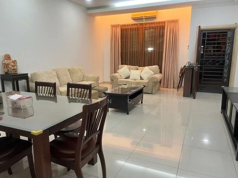 Living features: 3-seater fabric sofa in cream, 2-seater fabric sofa in cream, coffee table in black, TV console in black, dining table with 4 wooden chairs, white walls, recessed downlights, curtains in beige, floor-to-ceiling windows, glossy tile flooring, air conditioning unit on wall; style: modern.