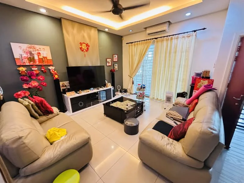 Living features: light grey leather sofa, 3-seater sofa, 2-seater sofa, black coffee table, wall-mounted TV, decorative wall art, red floral decorations, cream curtains, ceiling fan with light, recessed lighting, white tiled flooring, air conditioning unit; style: modern.
