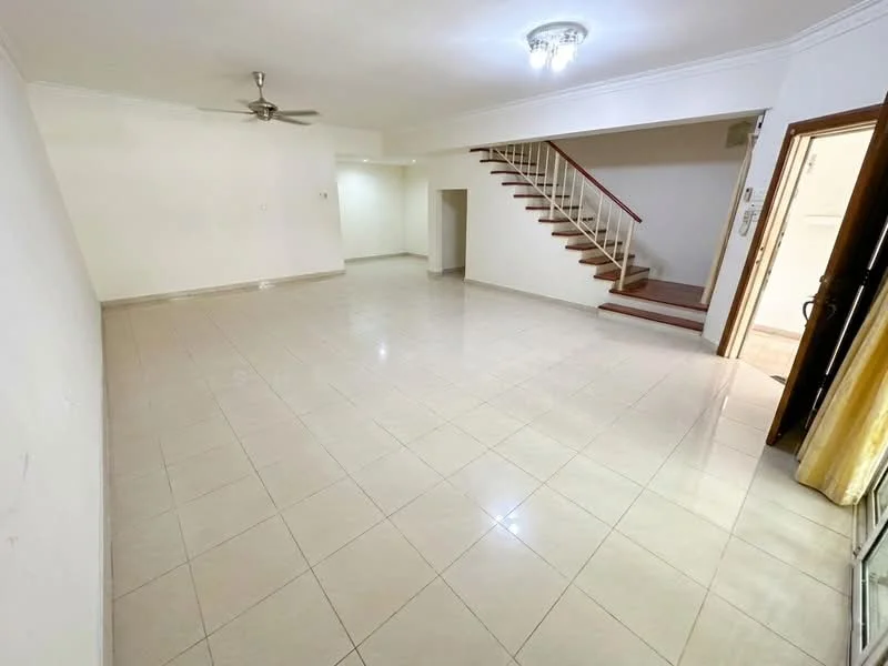 Living features: cream painted walls, glossy ceramic tile flooring, 5-blade ceiling fan with light, staircase with wooden steps, recessed downlights, large windows with sheer curtains, open layout, door leading to hallway; style: modern.