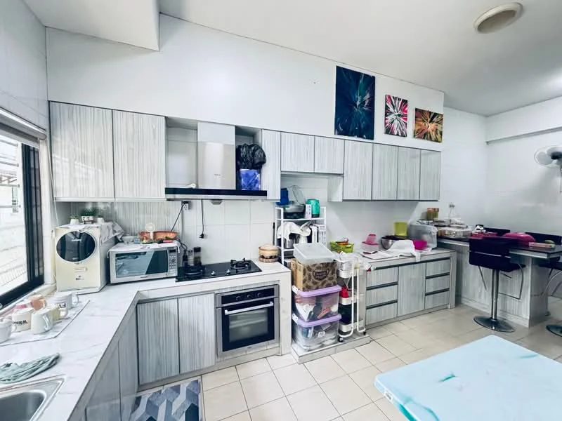 Kitchen features: light grey cabinetry with horizontal lines, white marble countertop, built-in gas stove, microwave, stainless-steel fridge, kitchen sink, open shelving, plastic storage containers, wall-mounted fan, tile flooring, window with view to outside, decorative wall art; style: modern.