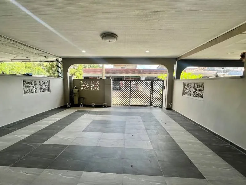 Exterior features: covered patio, grey tiled flooring, decorative wall panels, sliding gate, open space, surrounded by greenery; style: modern.