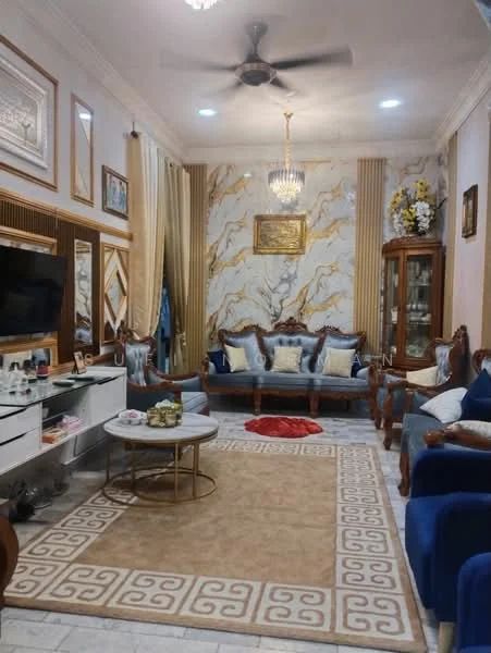 Living features: 3-seater fabric sofa in blue, 2-seater fabric sofa in blue, coffee table with circular top, area rug with geometric pattern, chandelier, ceiling fan, wall-mounted TV, decorative mirror, wooden display cabinet, framed artwork, curtains in beige, accent pillows in various colors, wall with marble pattern, white painted walls, tile flooring; style: luxury.