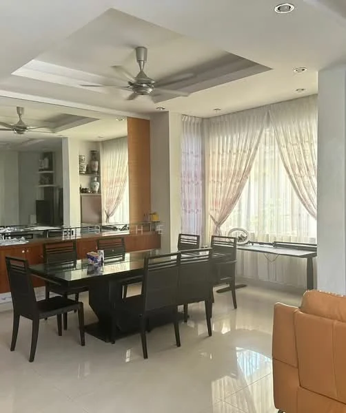 Dining features: 6-seater dining table, black dining chairs, ceiling fan with light, recessed downlights, white painted walls, glossy tile flooring, large windows with sheer curtains, built-in cabinetry, decorative wall mirror; style: modern.