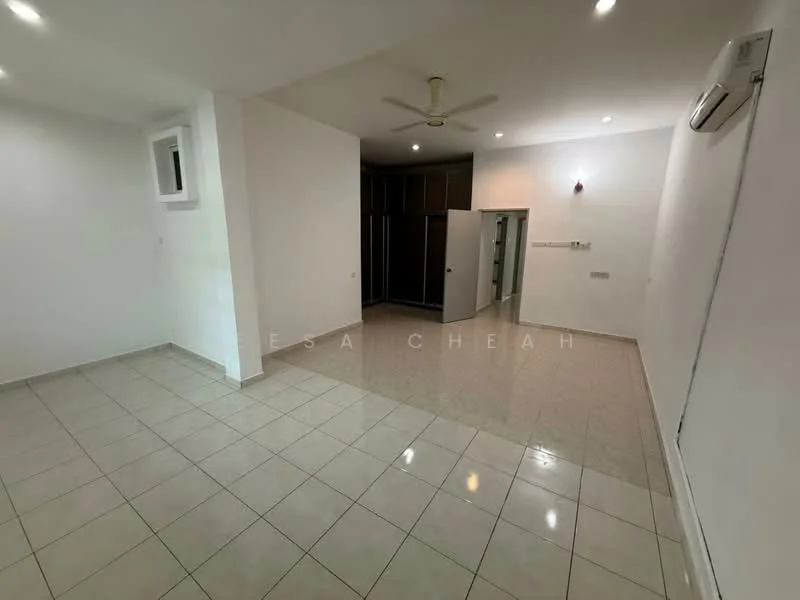 Room features: white painted walls, tile flooring, ceiling fan, 1 wall-mounted split AC, built-in wardrobe, door to another room, light fixtures, large window; style: modern.