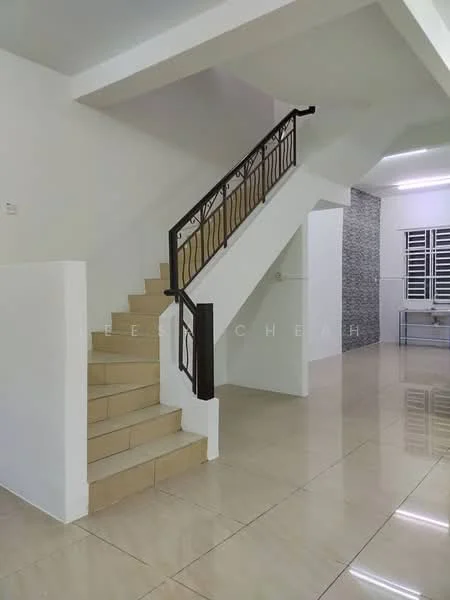 Room features: staircase with metal railing, white painted walls, cream tiled flooring, recessed ceiling lights, large windows with horizontal slats, grey accent wall with stone cladding, open layout, no visible furniture; style: modern.