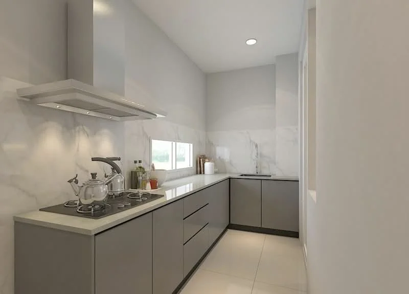 Kitchen features: grey cabinetry, marble backsplash, white countertop, stainless-steel range hood, 4-burner gas hob, single-bowl stainless-steel sink, chrome pull-down faucet, recessed downlights, tile flooring, window with garden view; style: modern; view: garden.