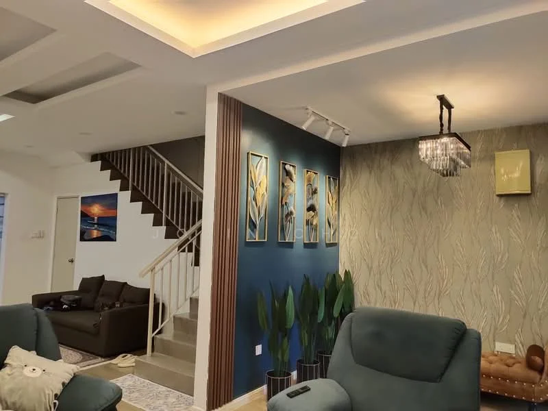 Living features: 3-seater fabric sofa in dark grey, 2-seater fabric sofa in light grey, coffee table, area rug with geometric pattern, wall-mounted TV, chandelier with crystals, decorative wall art, feature wall with textured wallpaper, indoor plants in ceramic pots, staircase with wooden railing, recessed ceiling lights, crown moulding on ceiling; style: modern.