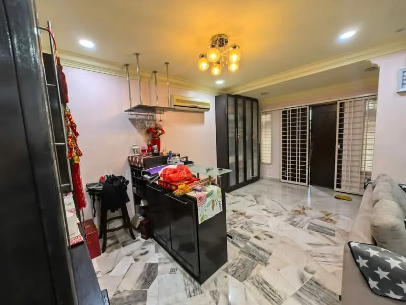 Kitchen features: marble tile flooring, white painted walls, ceiling with recessed downlights, kitchen island with seating, stainless-steel range hood, built-in cabinets, decorative wall hanging, air conditioning unit, open shelving, pendant lighting, bar stool, countertop with decorative items; style: modern. Living features: sofa with decorative cushions, coffee table, wall-mounted TV, decorative wall art, window with security bars, light fixture, open layout to kitchen; style: modern.