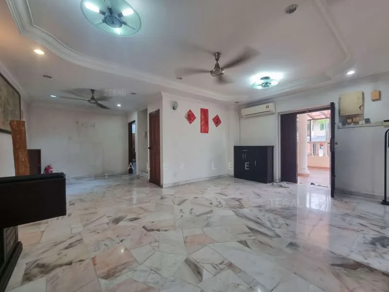 Living features: marble flooring, white painted walls, tray ceiling, 2 ceiling fans, wall-mounted air conditioning unit, doorway to adjacent rooms, decorative wall with artwork, fire extinguisher, red decorative wall hangings; style: modern.