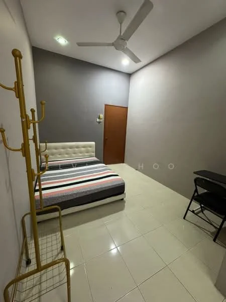 Bedroom features: queen-size bed with upholstered headboard, striped bedspread, white tiled flooring, grey painted walls, ceiling fan, wall-mounted light fixture, wooden door, metal coat rack, black folding chair, small study desk; style: modern.