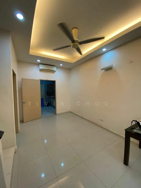 Room features: white painted walls, polished ceramic tile flooring, tray ceiling with recessed lighting, 5-blade ceiling fan, wall-mounted split AC, single wooden door, LED downlights; style: modern.