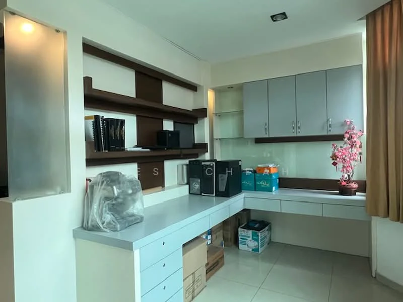 Study features: built-in shelving unit with dark wood finish, light grey cabinetry, white countertop, ceramic tile flooring, large window with sheer curtains, decorative plant, storage boxes, computer equipment, stacked books, neutral wall color; style: modern.