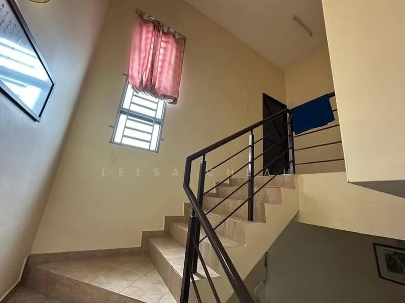 Room features: staircase with metal railing, cream painted walls, tile flooring, window with sheer curtains, natural light from window, corner wall with framed artwork, light fixture on ceiling; style: modern.