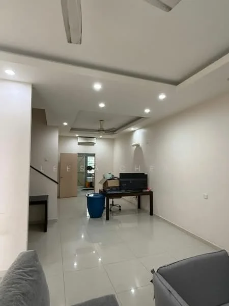 Living features: white painted walls, polished ceramic tile flooring, tray ceiling with recessed downlights, 5-blade ceiling fan, large window, dining table, office desk, blue trash bin; style: modern.