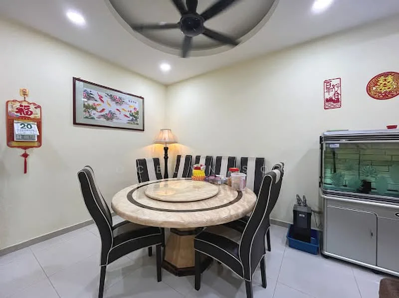 Dining features: round dining table with marble top, 8 upholstered dining chairs in black and white, 5-blade ceiling fan with light, wall-mounted display cabinet, decorative wall art with floral pattern, lampshade table lamp, cream painted walls, tile flooring; style: modern.