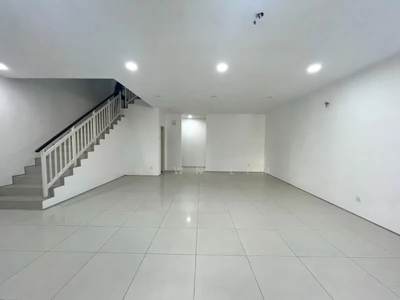 Room features: white painted walls, polished ceramic tile flooring, recessed downlights, staircase with white railing, open layout, no visible furniture, large empty space, smooth ceiling; style: modern.