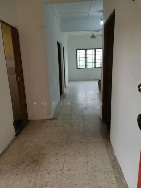 Room features: white painted walls, tile flooring, ceiling light fixture, wooden doors, large windows, hallway, door frames, neutral color scheme.
