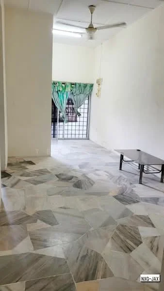 Living features: marble flooring, white painted walls, ceiling fan, sliding glass door, green sheer curtains, black coffee table, open layout, natural light from door.