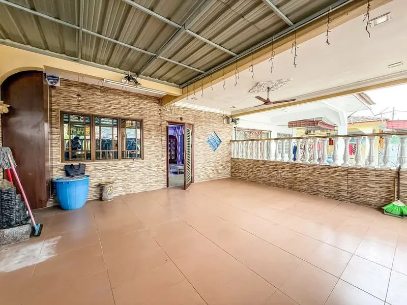 Room features: tiled flooring, exposed brick wall, decorative wall paneling, ceiling fan, metal roof, large windows, balustrade railing, open layout, clean and spacious, outdoor access; style: modern.