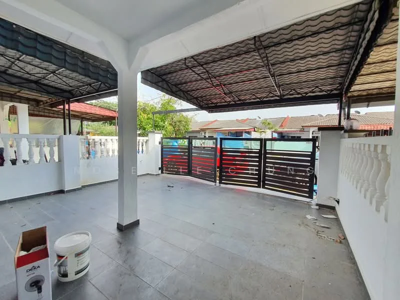 Room features: grey floor tiles, white painted walls, covered ceiling with beams, open space layout, metal gate, fenced area, outdoor view, natural light from outside; style: modern; view: garden.