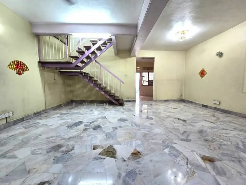 Living features: marble flooring, cream painted walls, staircase with purple railing, ceiling light fixture, decorative wall art, large open space, window for natural light, no visible furniture.