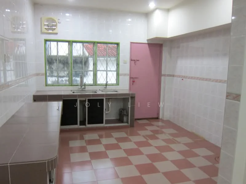 Kitchen features: white tiled walls, cream tiled backsplash, pink tiled flooring, double-bowl stainless-steel sink, chrome pull-down faucet, kitchen cabinetry with black doors, countertop with rounded edges, window with grid pattern, door with pink paint, light fixtures on ceiling.