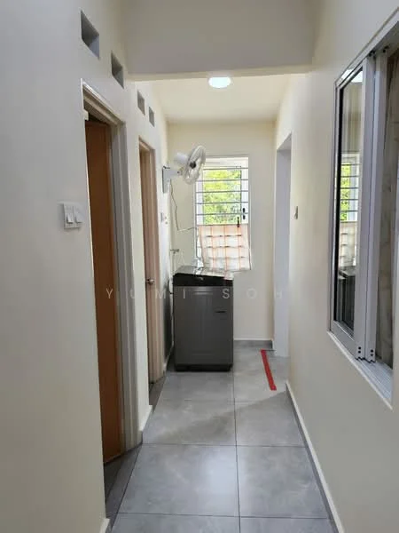 Hallway features: white painted walls, grey tiled flooring, ceiling light fixture, window with grid pattern, wooden doors, metal cabinet, wall-mounted fan; style: modern.