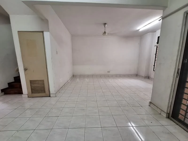 Room features: white painted walls, tile flooring, ceiling fan, large windows, sliding glass door, staircase visible, fluorescent lighting; style: minimalist.