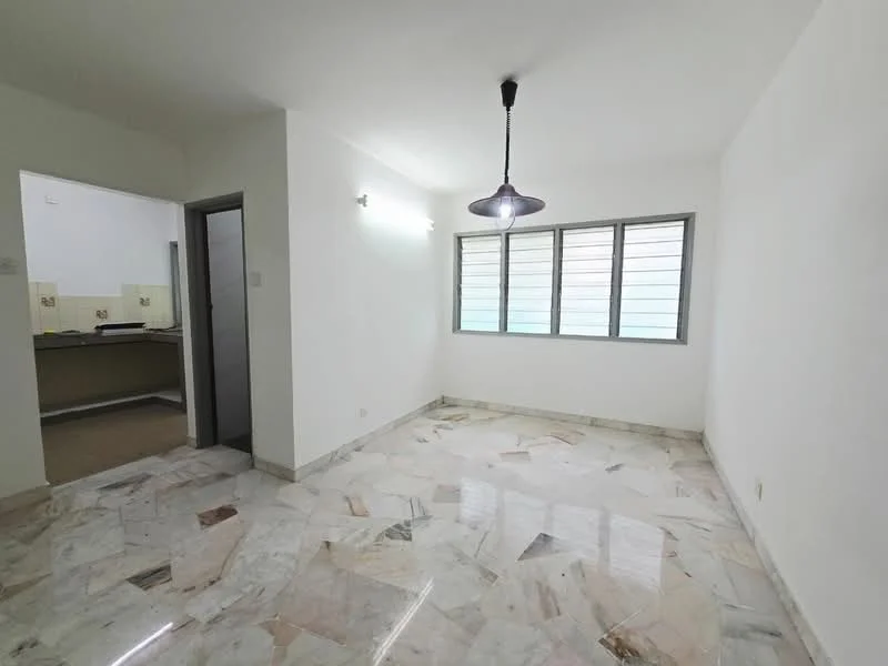 Room features: white painted walls, marble flooring, large windows, pendant light fixture, neutral ceiling, doorway to kitchen, no visible furniture; style: minimalist.