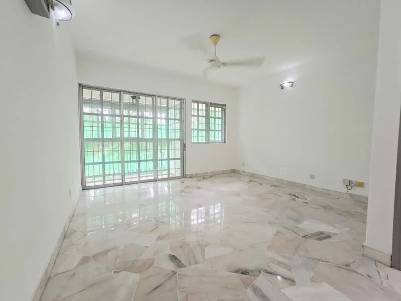 Living features: marble flooring, white painted walls, ceiling fan, floor-to-ceiling windows, natural light from windows, light fixtures on ceiling, green view from windows; style: modern; view: garden.