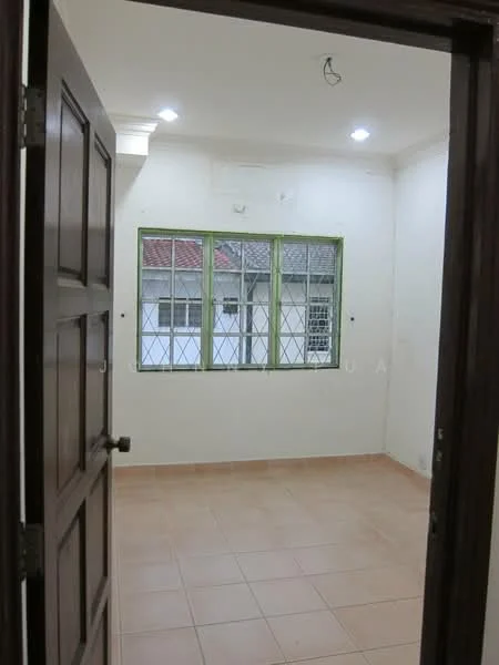 Room features: white painted walls, tile flooring, 4-pane window with metal grille, recessed downlights, door frame, neutral color scheme.