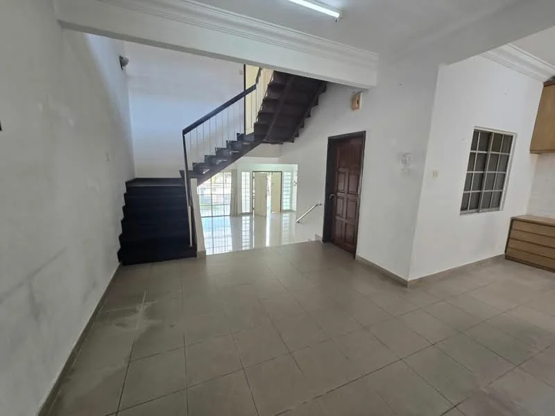 Room features: white painted walls, tile flooring, staircase with wooden steps, metal railing, large windows, doorway leading to another room, open space layout, ceiling with light fixture; style: modern.